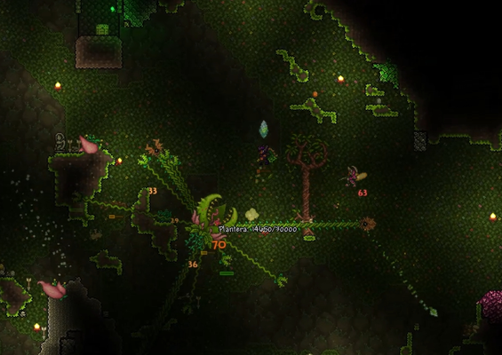 Taking on Plantera deep in the jungle underground.